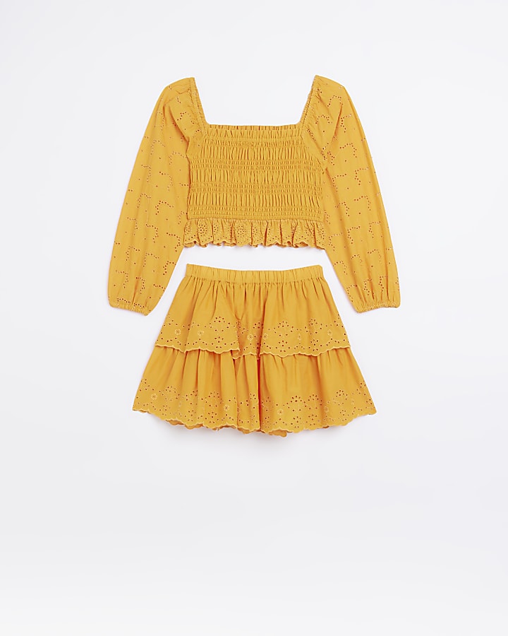 Girls Orange Shirred Broderie Skirt Set