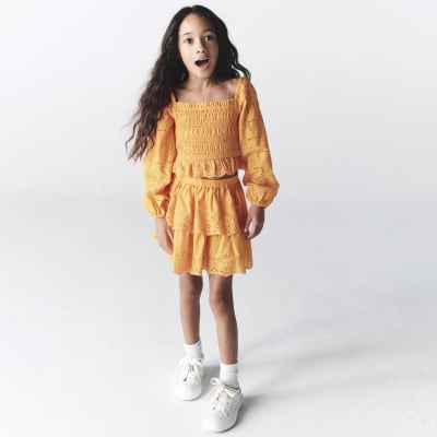 Girls Orange Shirred Broderie Skirt Set River Island