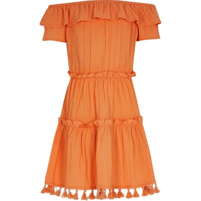 orange bardot dress
