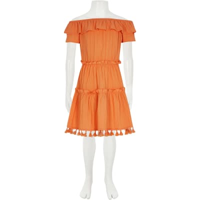 orange bardot dress