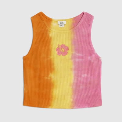 Girls Orange Tie Dye Floral Tank Top