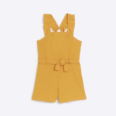 Girls Orange Tie Waist Ribbed Playsuit | River Island