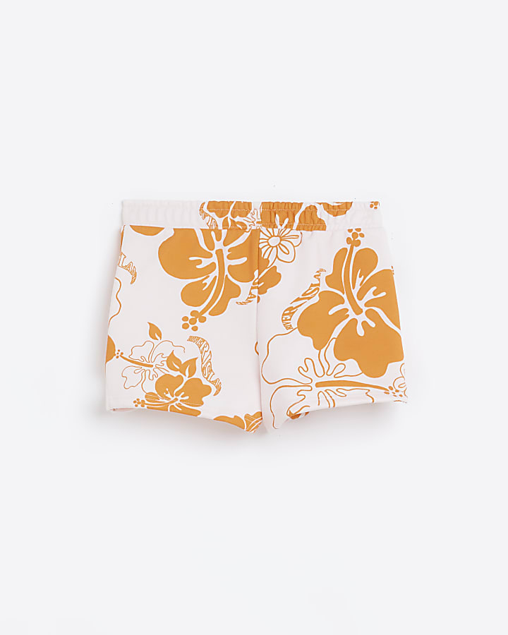 Girls Orange Tropical Floral Print Shorts