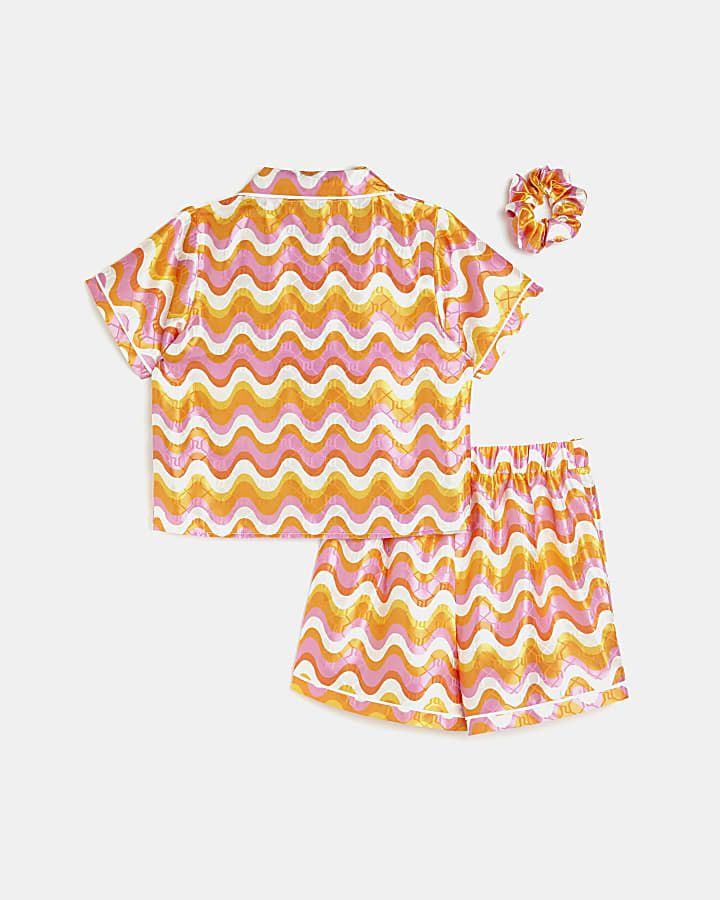 Girls orange wave print satin pyjama set