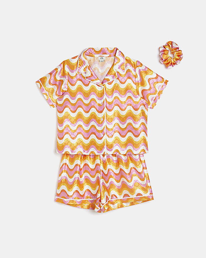 Girls orange wave print satin pyjama set