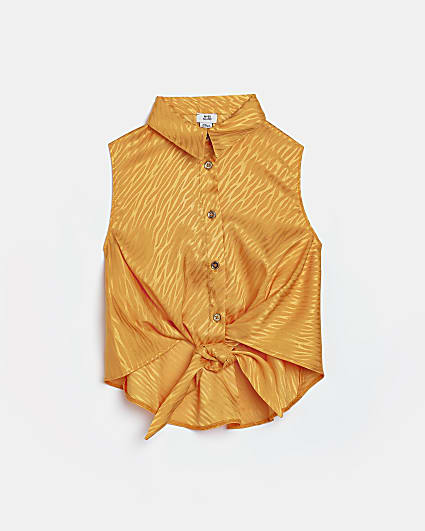 Girls orange zebra tie front sleeveless shirt