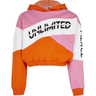 Girls pink colour block hooded sweatshirt | River Island