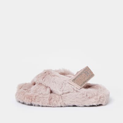 Girls pink diamante faux fur slippers | River Island