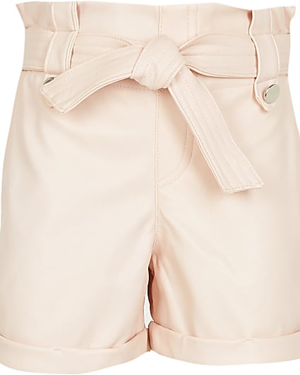 Girls pink  faux leather paperbag shorts