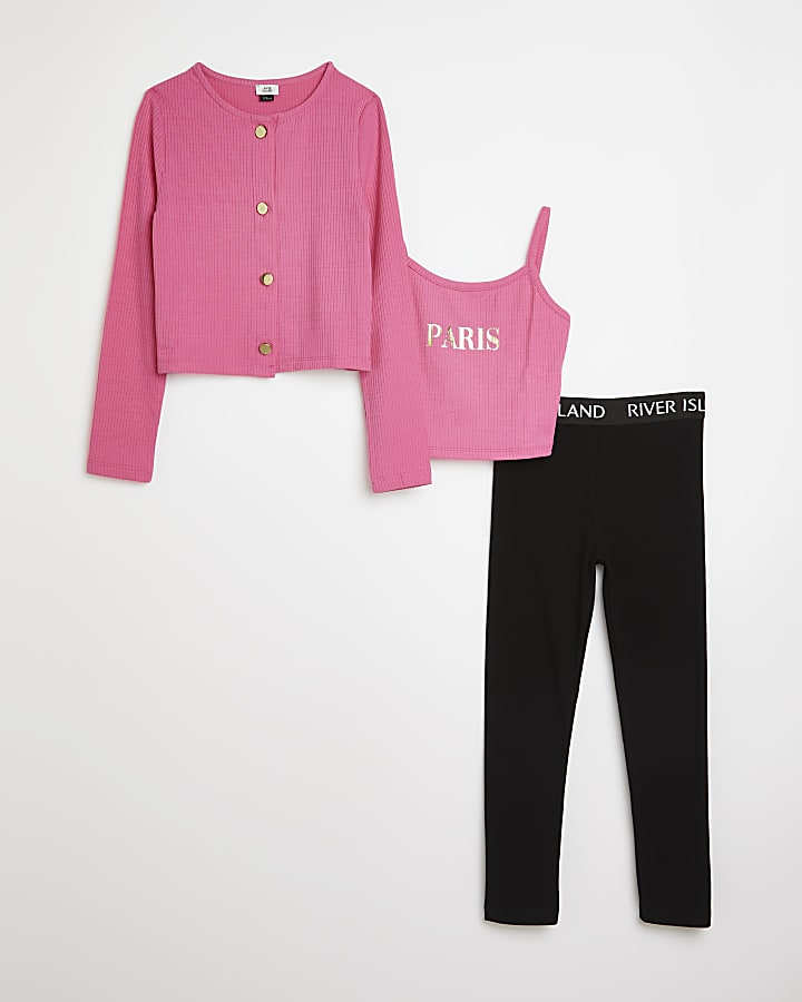 Girls pink 3 piece cardigan and legging set