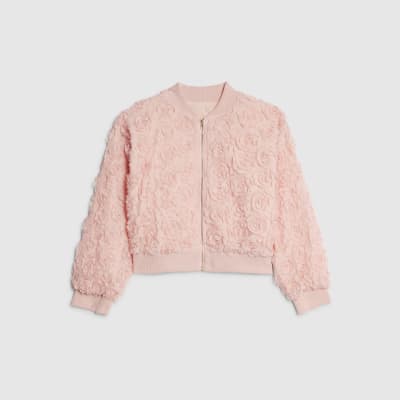 Girls Pink 3D Floral Bomber Jacket