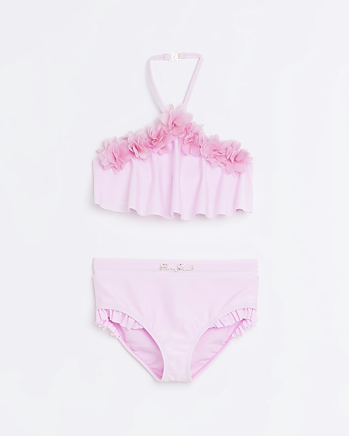 Girls pink 3D Flower Halterneck Bikini