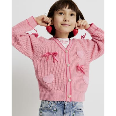 Girls Pink 3D Heart and Bows Cardigan