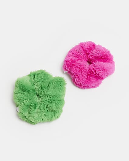 Girls pink & green faux fur scrunchie 2 pack