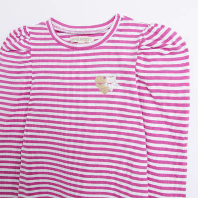 Girls Pink Angel & Rocket Stripe Ribbed Top