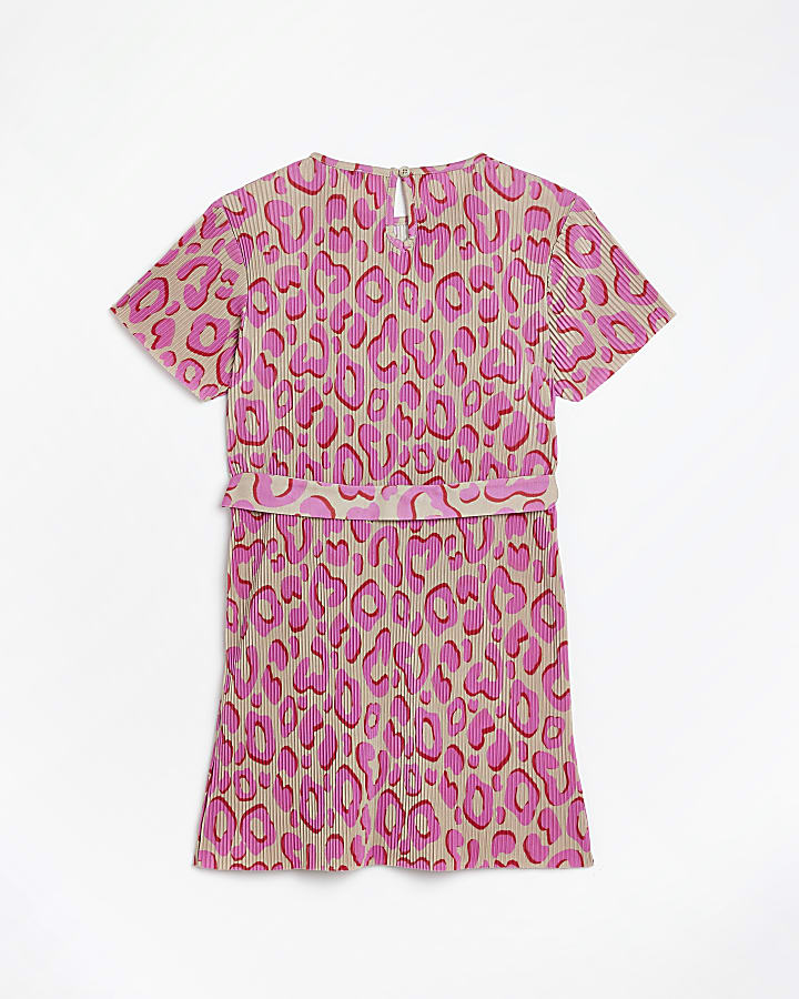 Girls pink animal print plisse belted dress