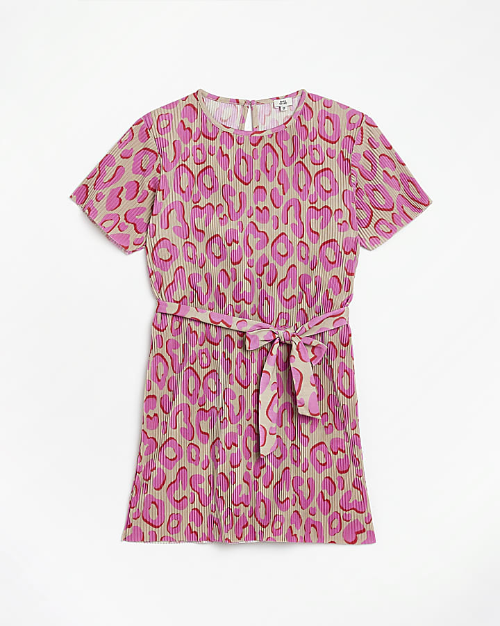 Girls pink animal print plisse belted dress