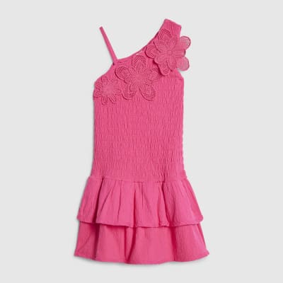 Girls Pink Asymmetric Crochet Flower Dress