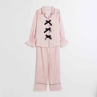 Girls Pink Black Satin Bow Pyjamas River Island