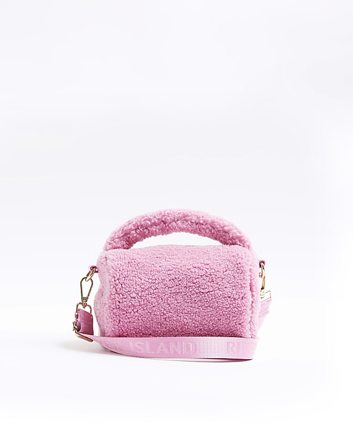 Girls pink borg top handle bag | River Island