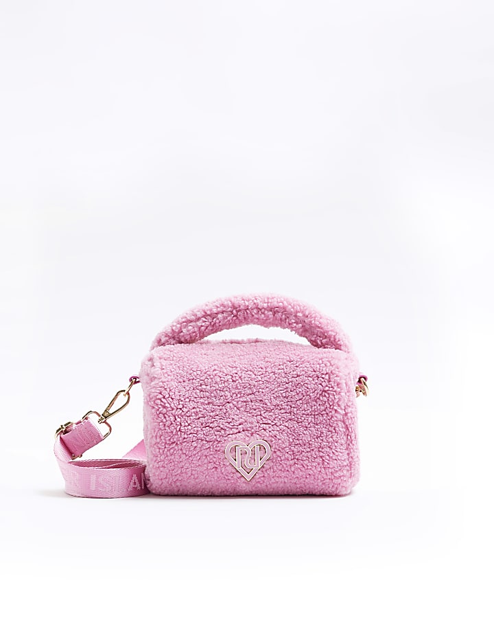 Girls pink borg top handle bag | River Island