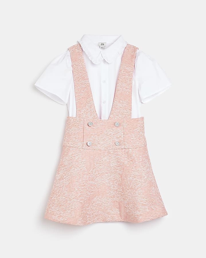 Girls pink boucle pinafore dress outfit