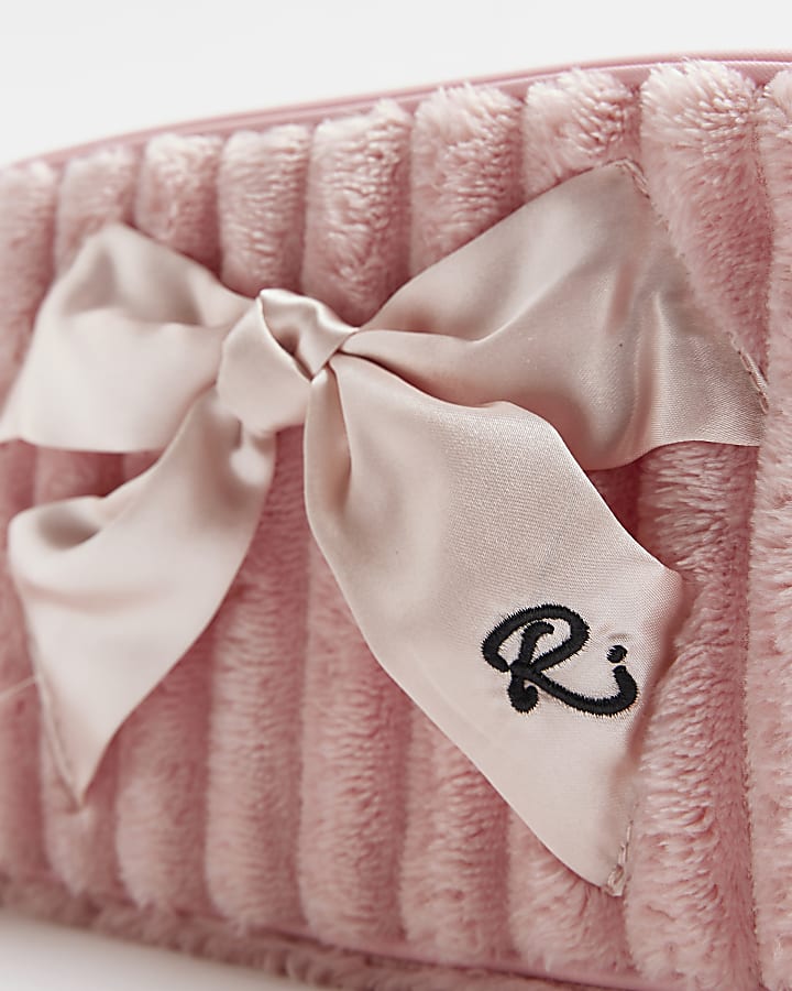 Girls Pink Bow Faux Fur Wash Bag