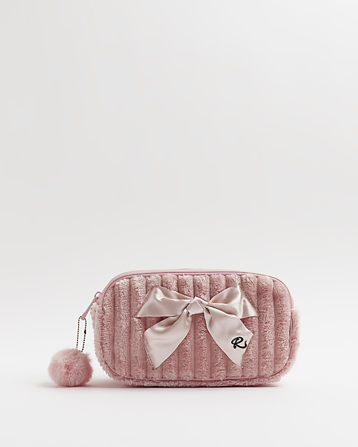 Girls Pink Bow Faux Fur Wash Bag