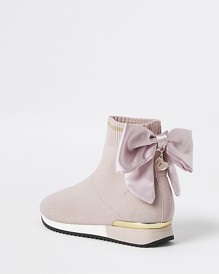 Girls pink bow knit high top trainers