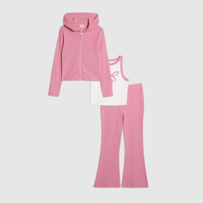 Girls Pink Bow Ribbed 3 Piece Set
