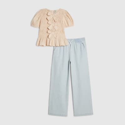 Girls Pink Bow Top & Jeans Set