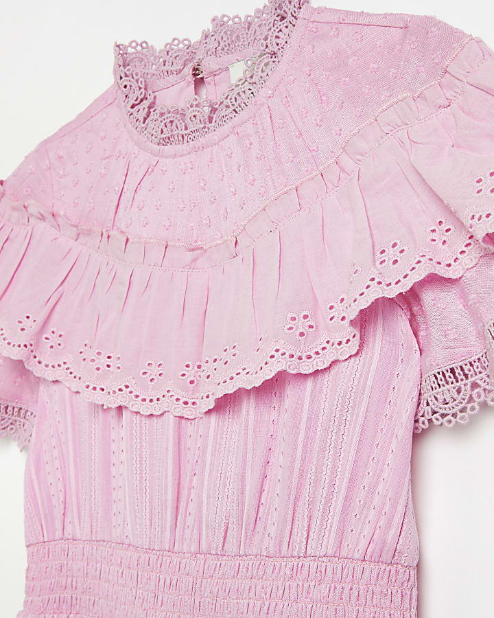 Girls pink broderie design frill dress
