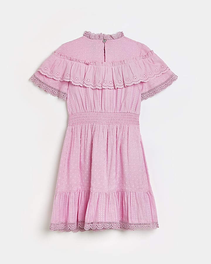 Girls pink broderie design frill dress