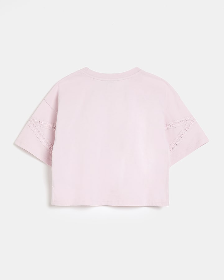 Girls pink broderie embellished t-shirt
