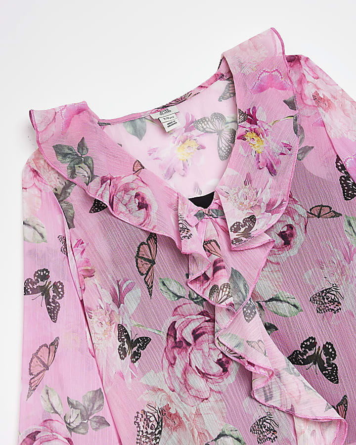 Girls Pink Butterfly frill long sleeve blouse