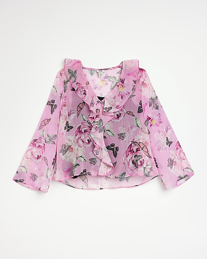 Girls Pink Butterfly frill long sleeve blouse