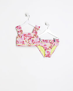 Girls pink butterfly print frill bikini