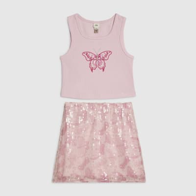 Girls Pink Butterfly Sequin Skirt Set