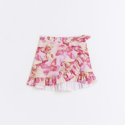 Girls pink butterfly wrap swim skirt River Island