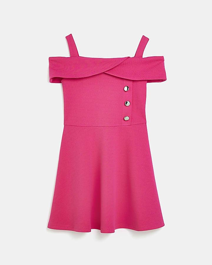 Girls pink button detail bardot dress