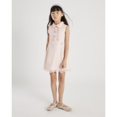 Girls Pink Button Up Embellished Dress