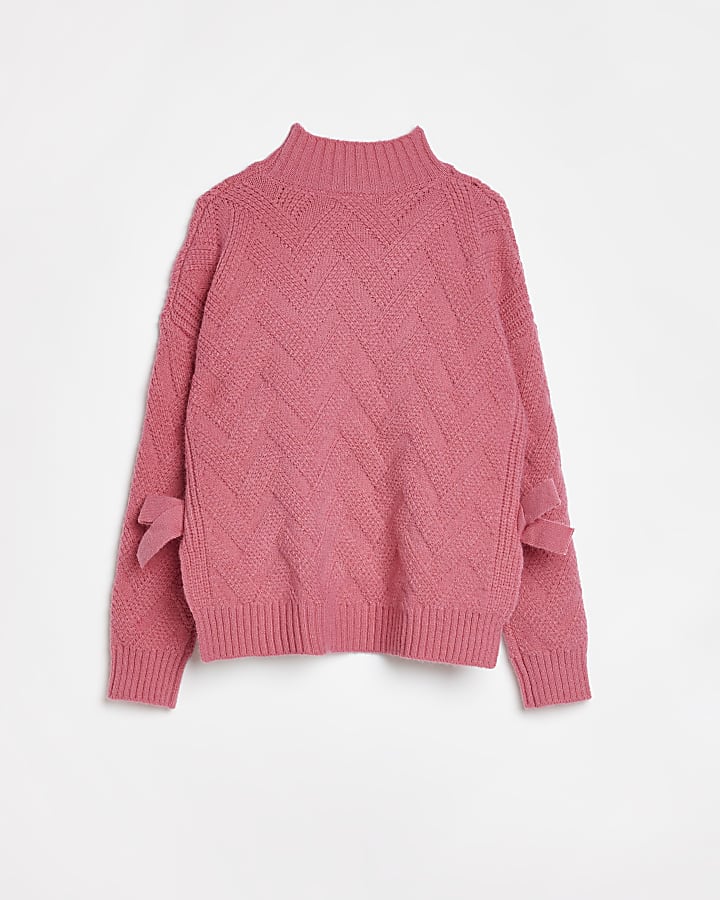 Girls pink cable knit bow jumper