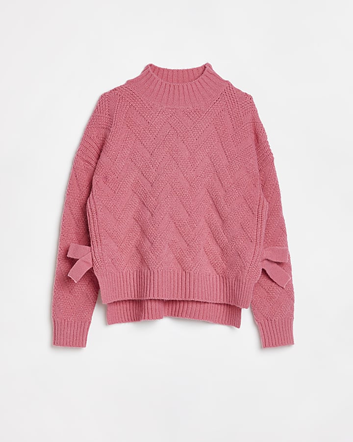 Girls pink cable knit bow jumper