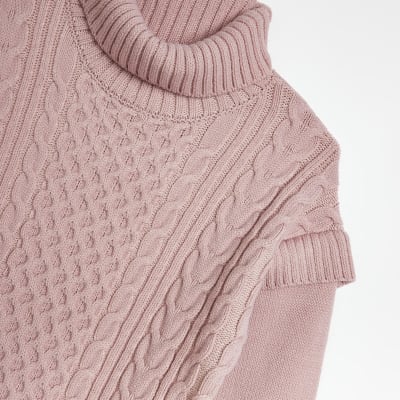 Girls pink cable knit long sleeve dress River Island