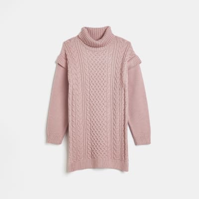 Girls pink cable knit long sleeve dress River Island