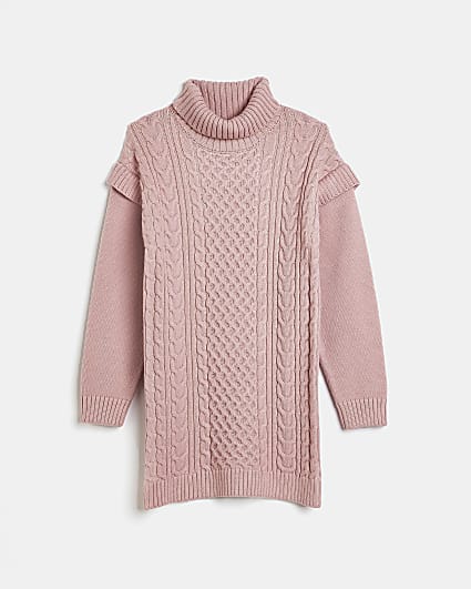 Girls pink cable knit long sleeve dress