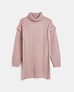 Girls pink cable knit long sleeve dress