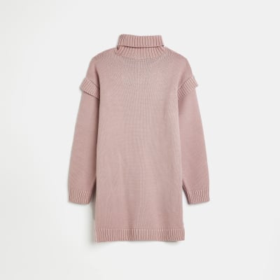 Girls pink cable knit long sleeve dress River Island