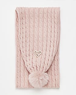 Girls Pink Cable knit pom pom Scarf