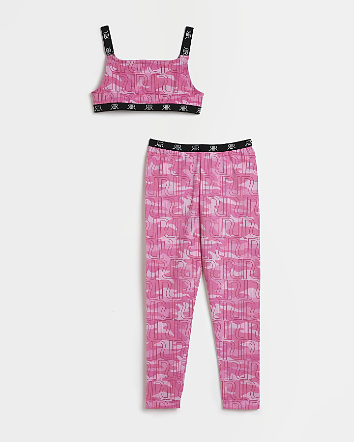 Girls pink camo crop top and leggings set